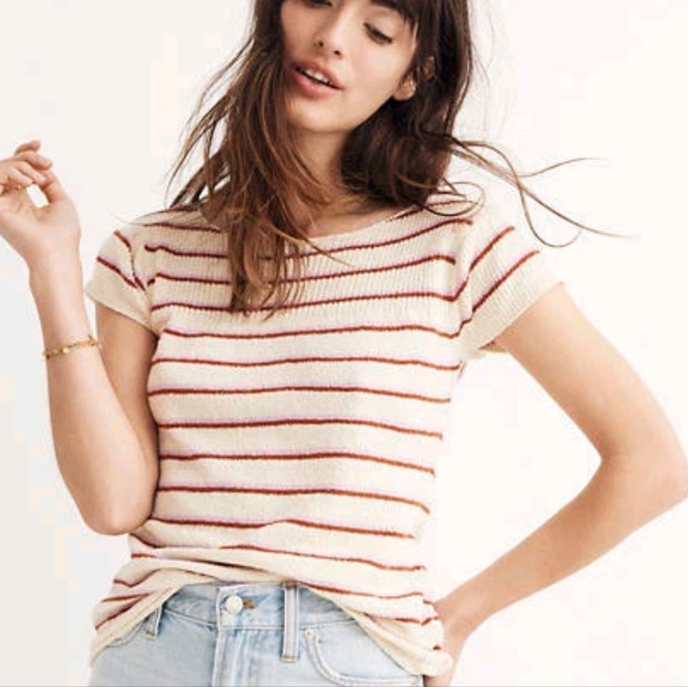 Women's Madewell Small Cream Pink Orange Stripe Shirt Blouse Marlin